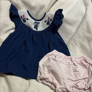 Navy Blue Dress and Pink Striped Bloomers Set